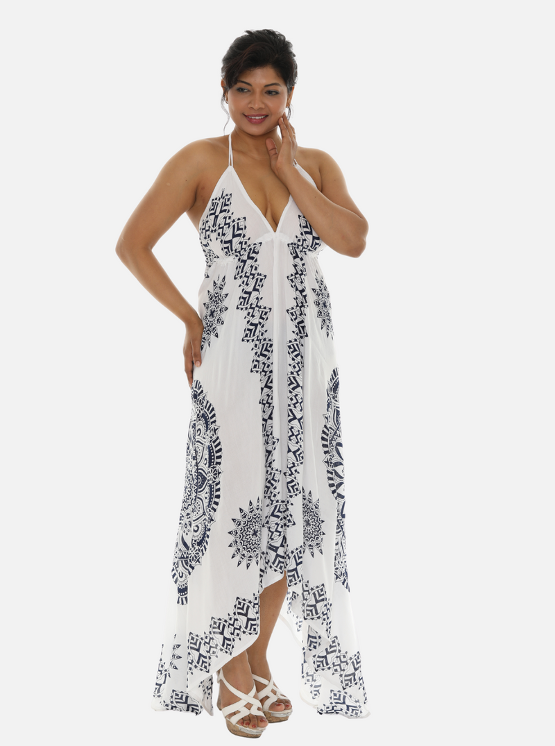 Batik Print Halter Dress with Asymmetrical Hem
