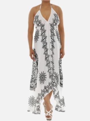 Batik Print Halter Dress with Asymmetrical Hem S/M / White/Blue Batik Print Halter Dress with Asymmetrical Hem S/M / White/Blue