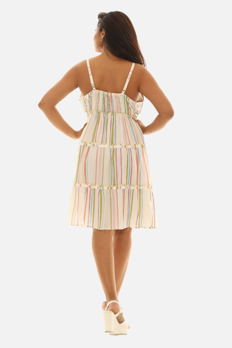 Women Multi-Stripes Spagetti Strap Dress
