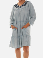 Multi Tier Long Sleeve Embroidered Neck Rayon Dress