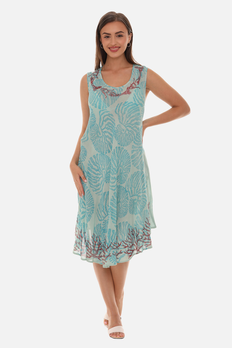 Women Rayon Midi Seashell Print Dress