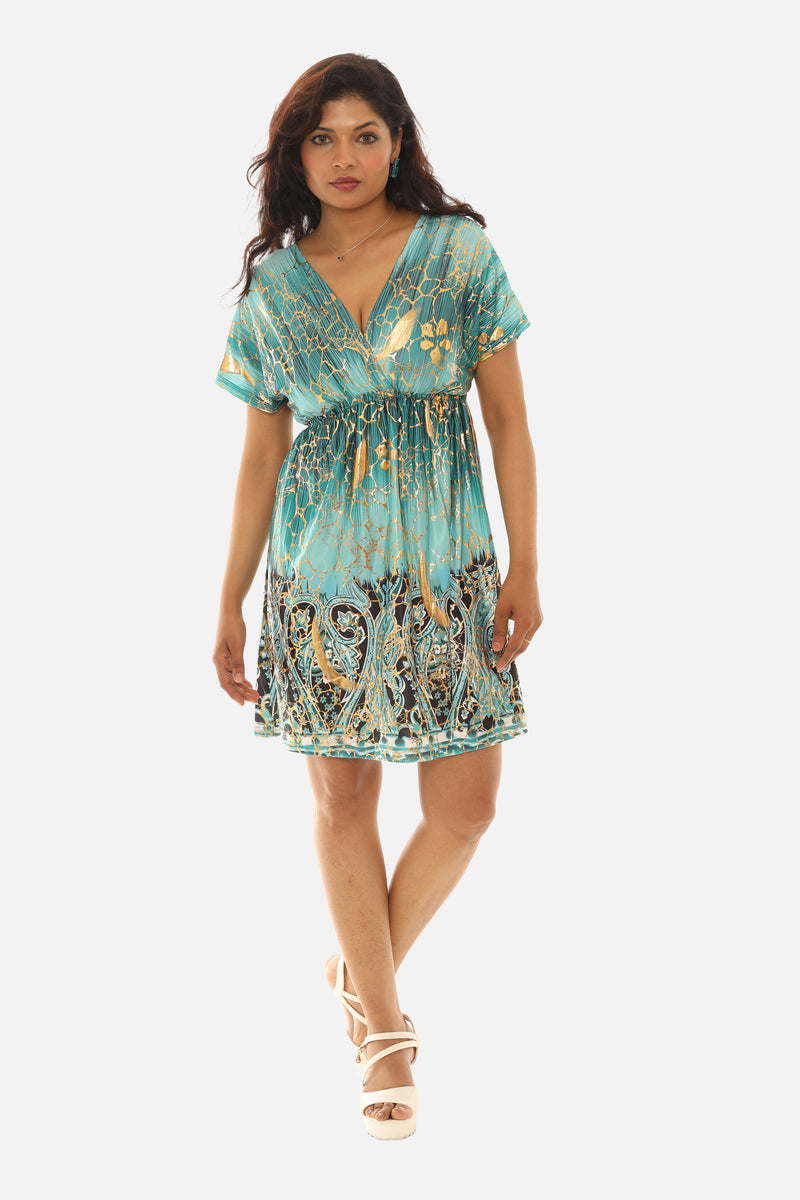 Short Sleeve Foil Crackle Print Dress