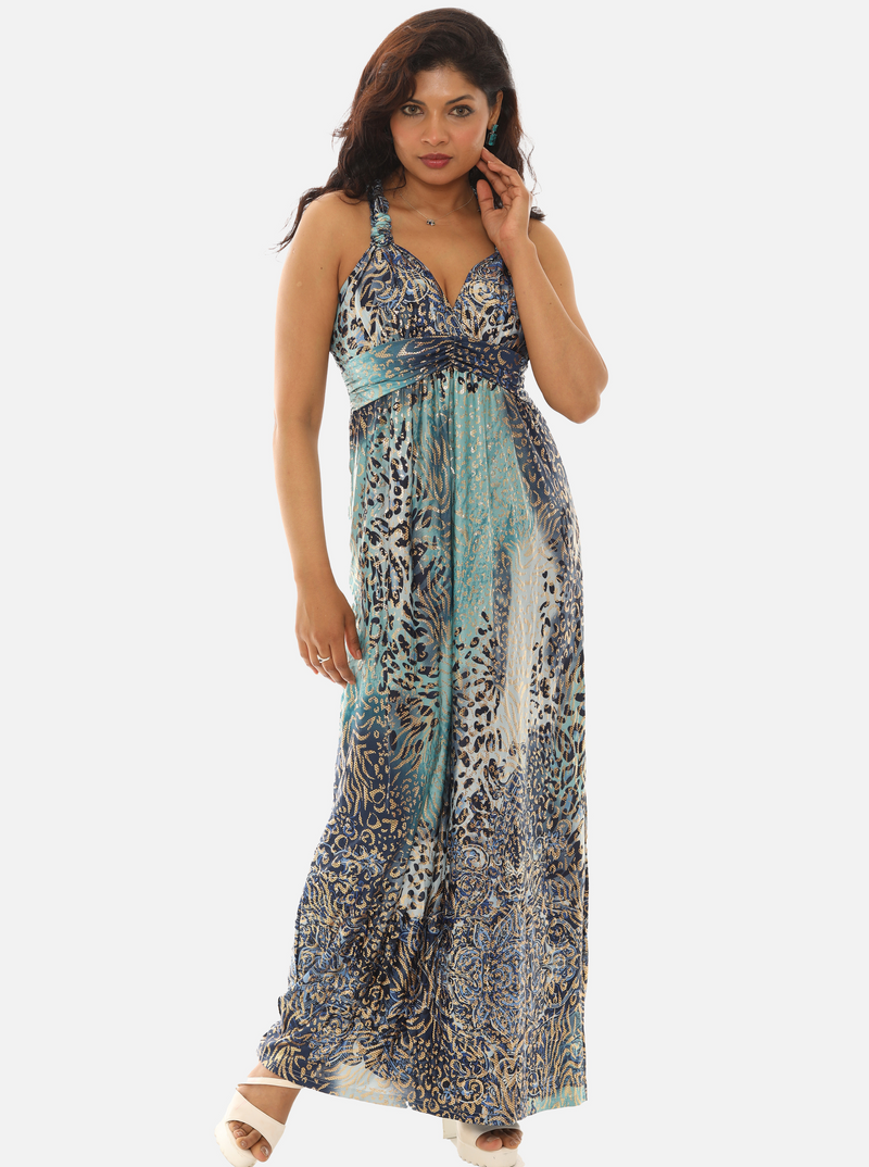 Abstract Animal Print Gold Foil Print Halter Maxi Dress - S/M / BLUE Abstract Animal Print Gold Foil Print Halter Maxi Dress - S/M / BLUE