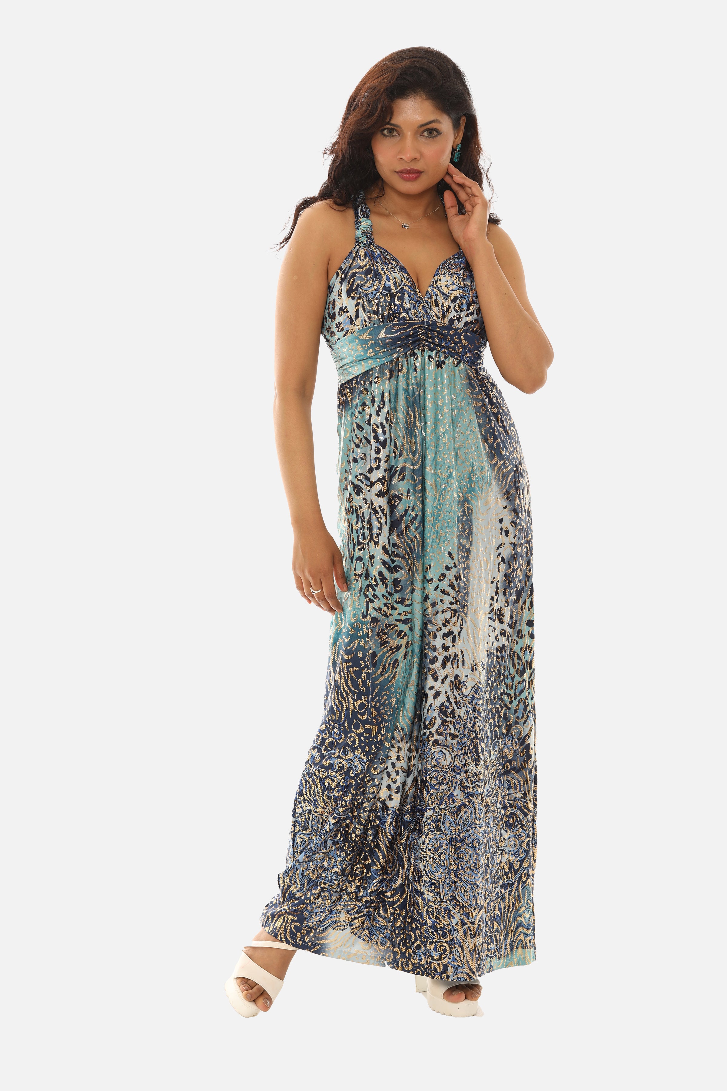 Abstract Animal Print Gold Foil Print Halter Maxi Dress - S/M / BLUE Abstract Animal Print Gold Foil Print Halter Maxi Dress - S/M / BLUE