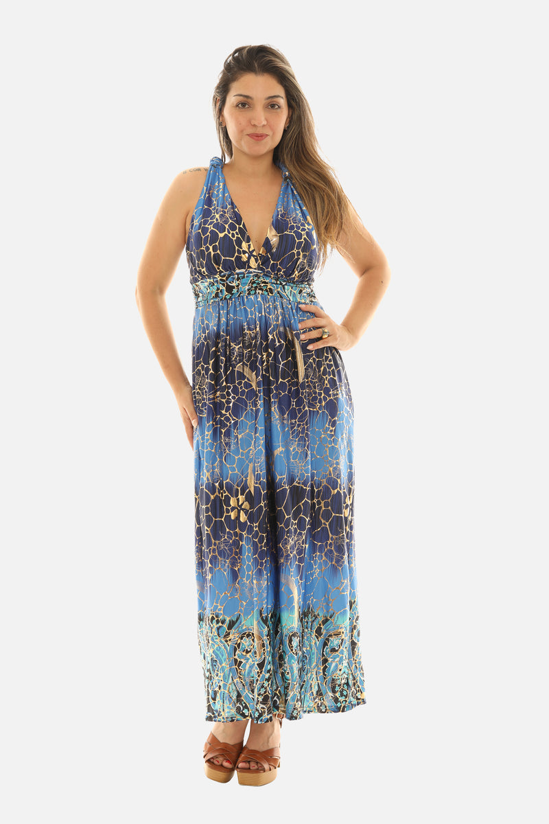 Foil Crackle Print Halter Maxi Dress – Glamorous Evening & Resort Wear