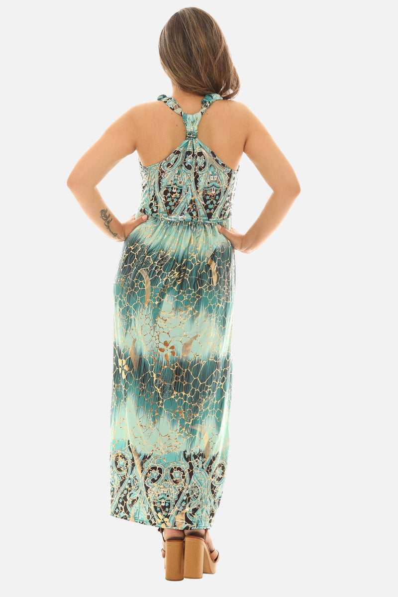 Foil Crackle Print Halter Maxi Dress – Glamorous Evening & Resort Wear