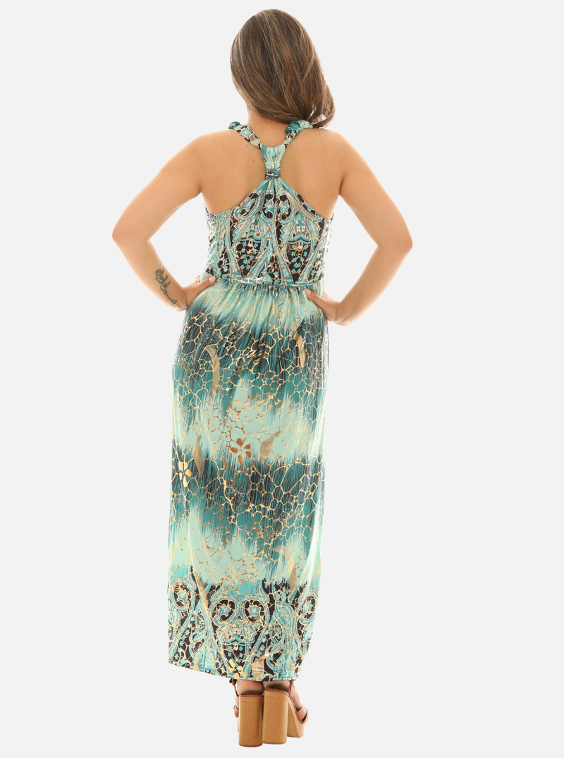 Abstract Gold Foil Halter Maxi Dress – Elegant Evening & Party Wear