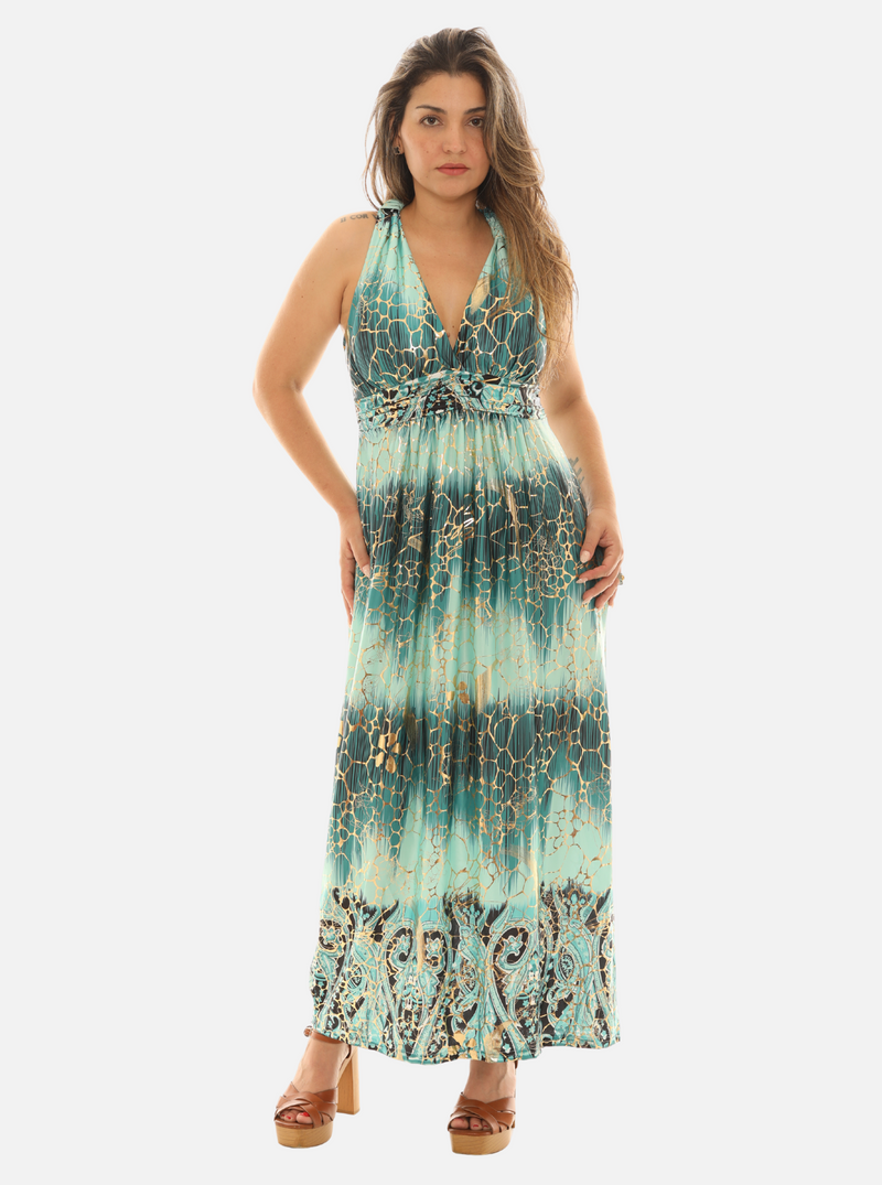 Foil Crackle Print Halter Maxi Dress – Glamorous Evening & Resort Wear