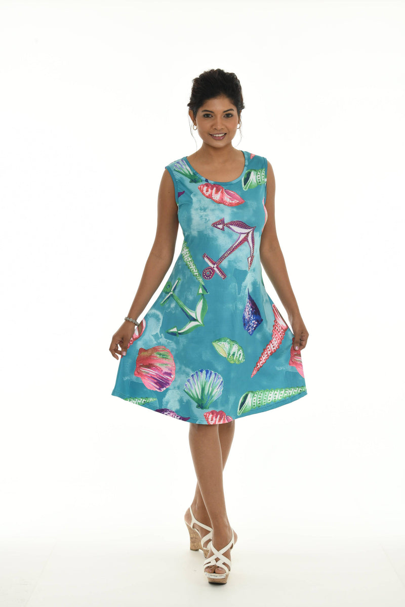 Sleeveless Seashell Anchor Print Tank Dress - Shoreline Wear, Inc.