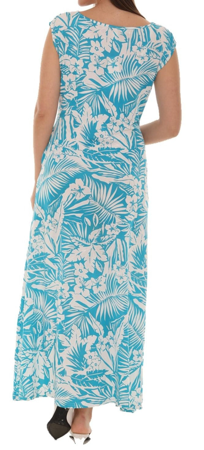 Tropical Leaf Print Cap Sleeve Maxi Dress M / Turquoise Tropical Leaf Print Cap Sleeve Maxi Dress M / Turquoise