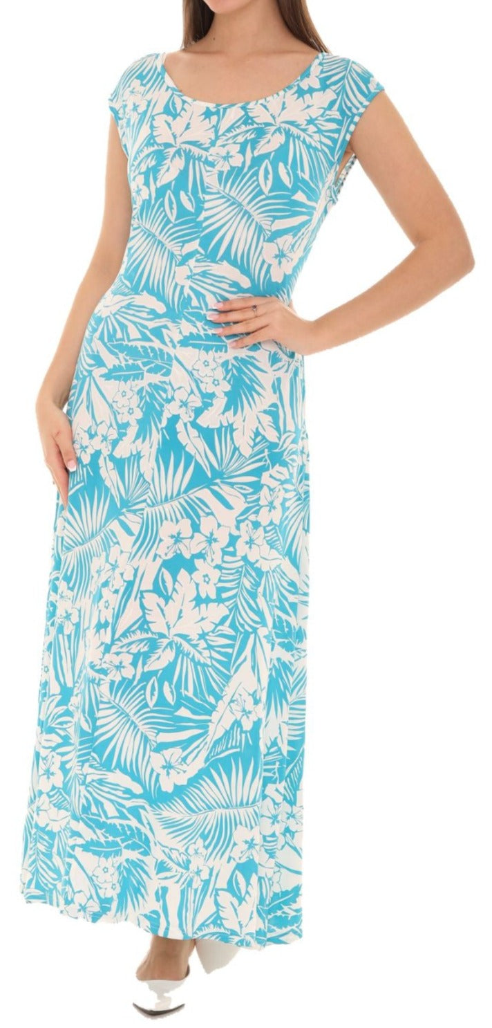 Tropical Leaf Print Cap Sleeve Maxi Dress M / TURQUOISE Tropical Leaf Print Cap Sleeve Maxi Dress M / TURQUOISE