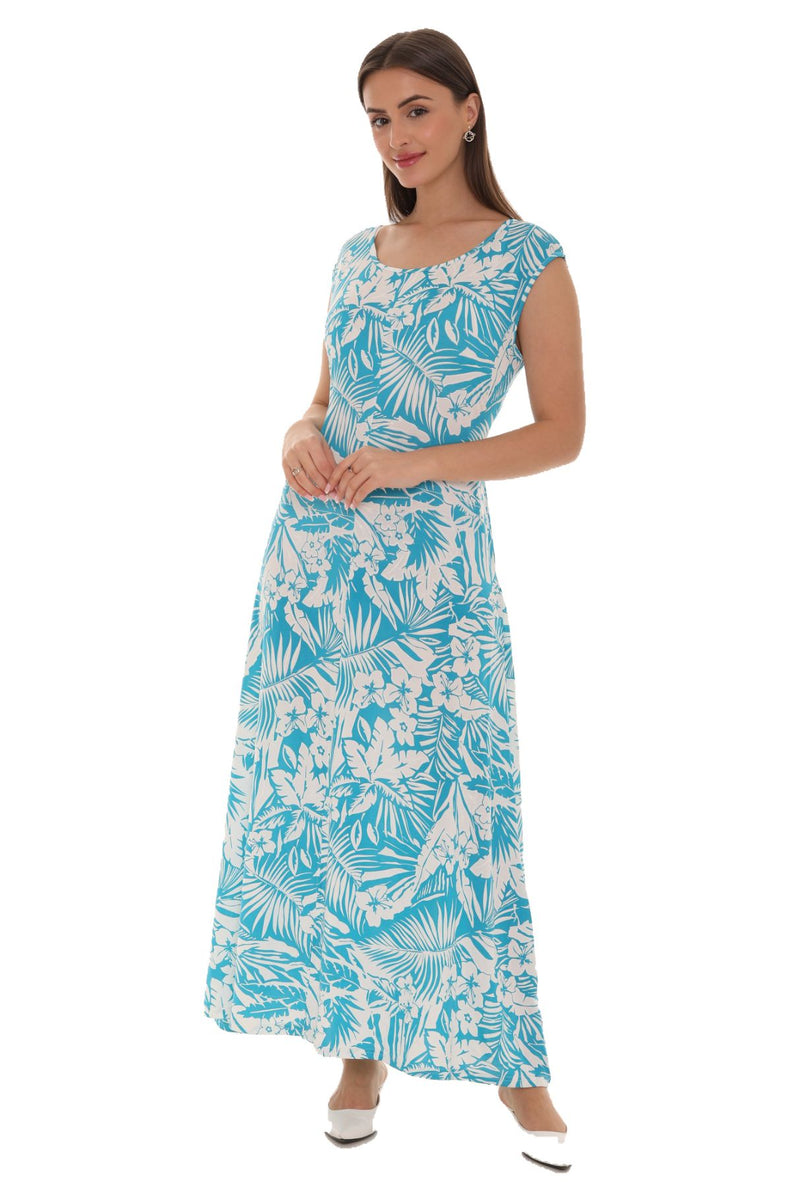 Tropical Leaf Print Cap Sleeve Maxi Dress