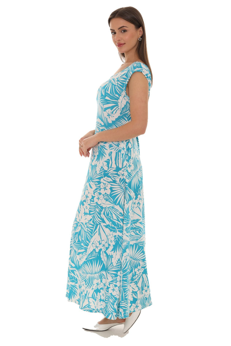 Tropical Leaf Print Cap Sleeve Maxi Dress M / TURQUOISE Tropical Leaf Print Cap Sleeve Maxi Dress M / TURQUOISE