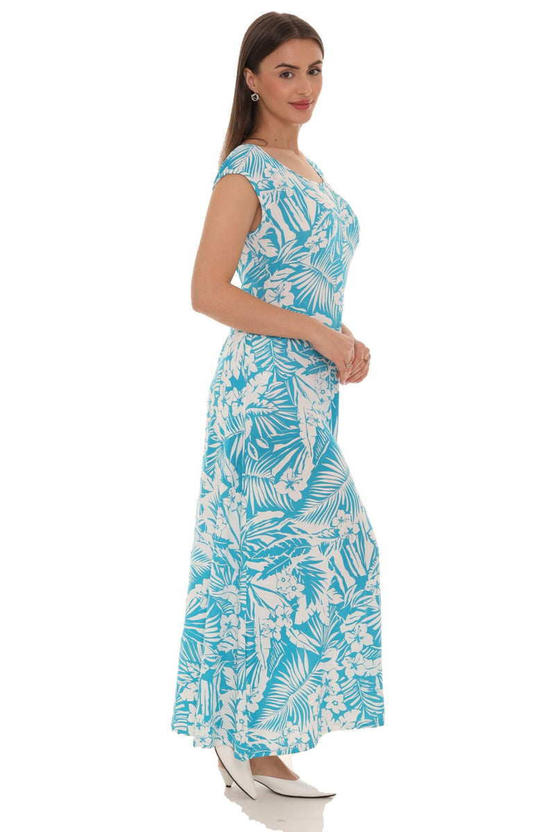 Tropical Leaf Print Cap Sleeve Maxi Dress