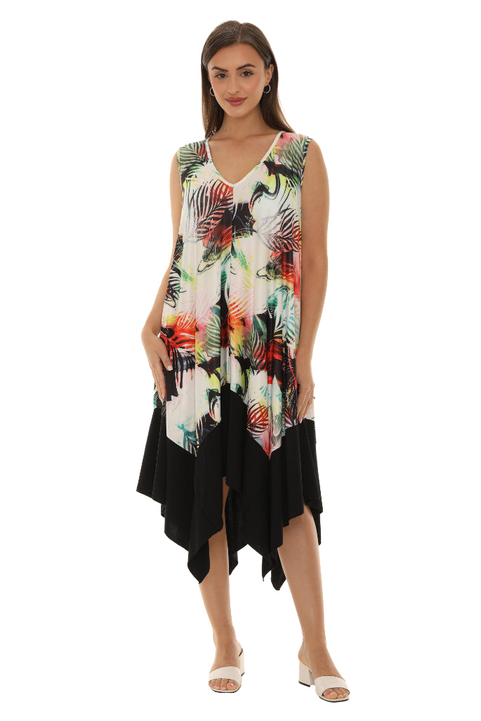 Abstract Sleeveless Handkerchief Hem Dress 4X / MULTI Abstract Sleeveless Handkerchief Hem Dress 4X / MULTI