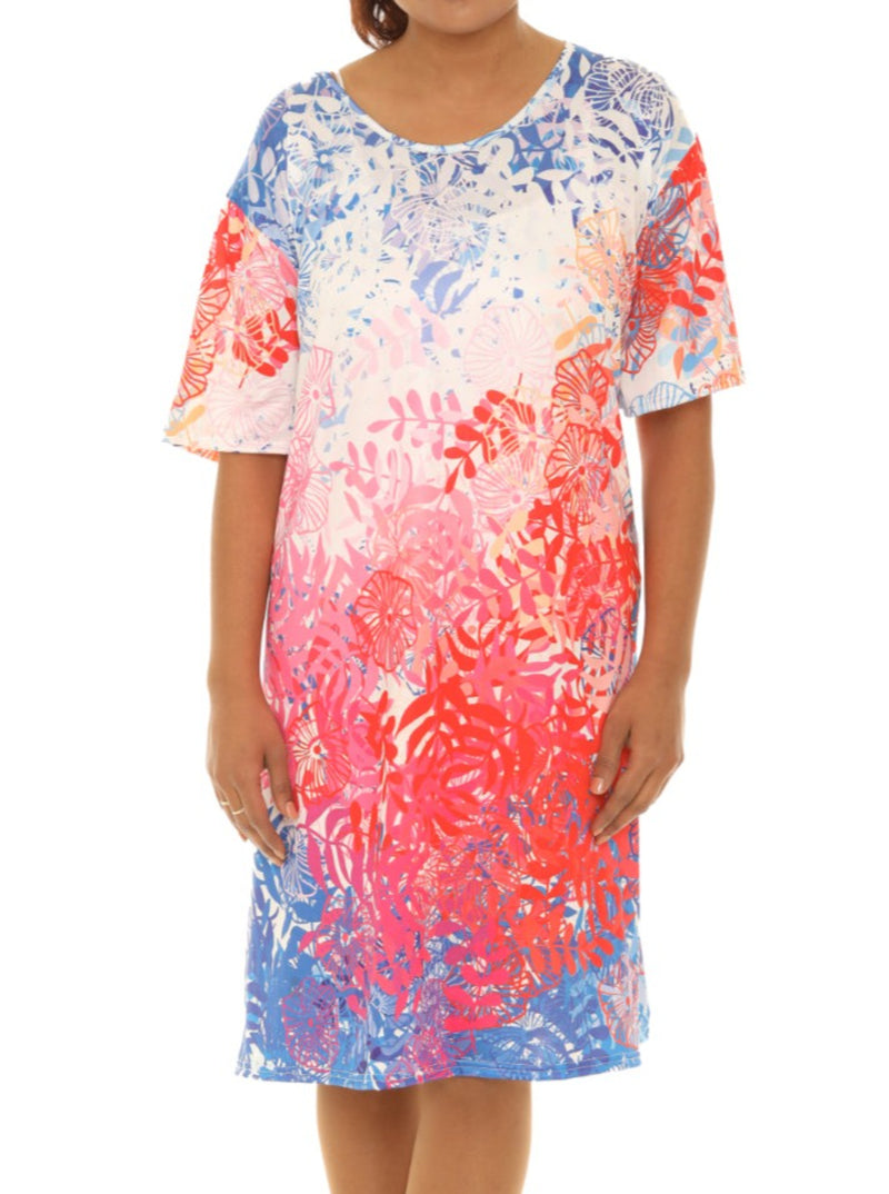 Tropical Leaf print Scoop Neck Short-Sleeves Dress