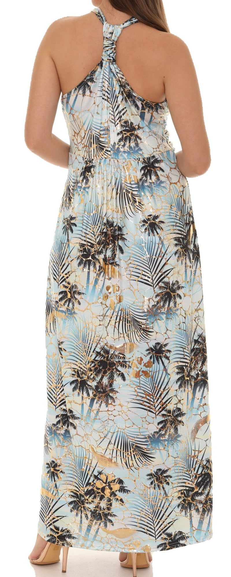 Palm Leaf Gold Foil Print Halter Maxi Dress