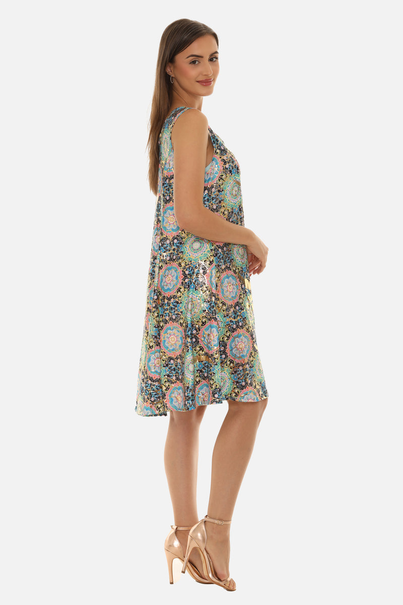 Floral Abstract Print Sleeveless A-Line Dress