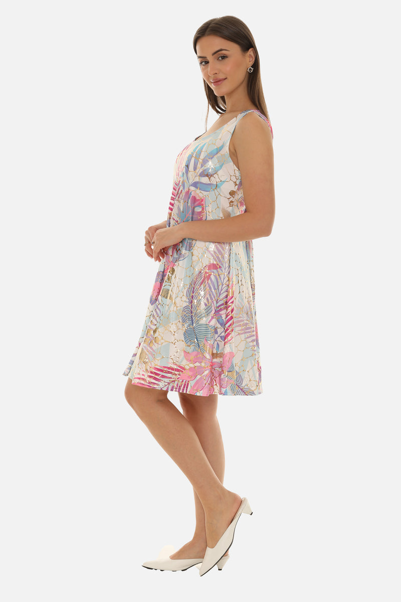 Tropical Leaf Sleeveless A-Line Midi Dress For Women