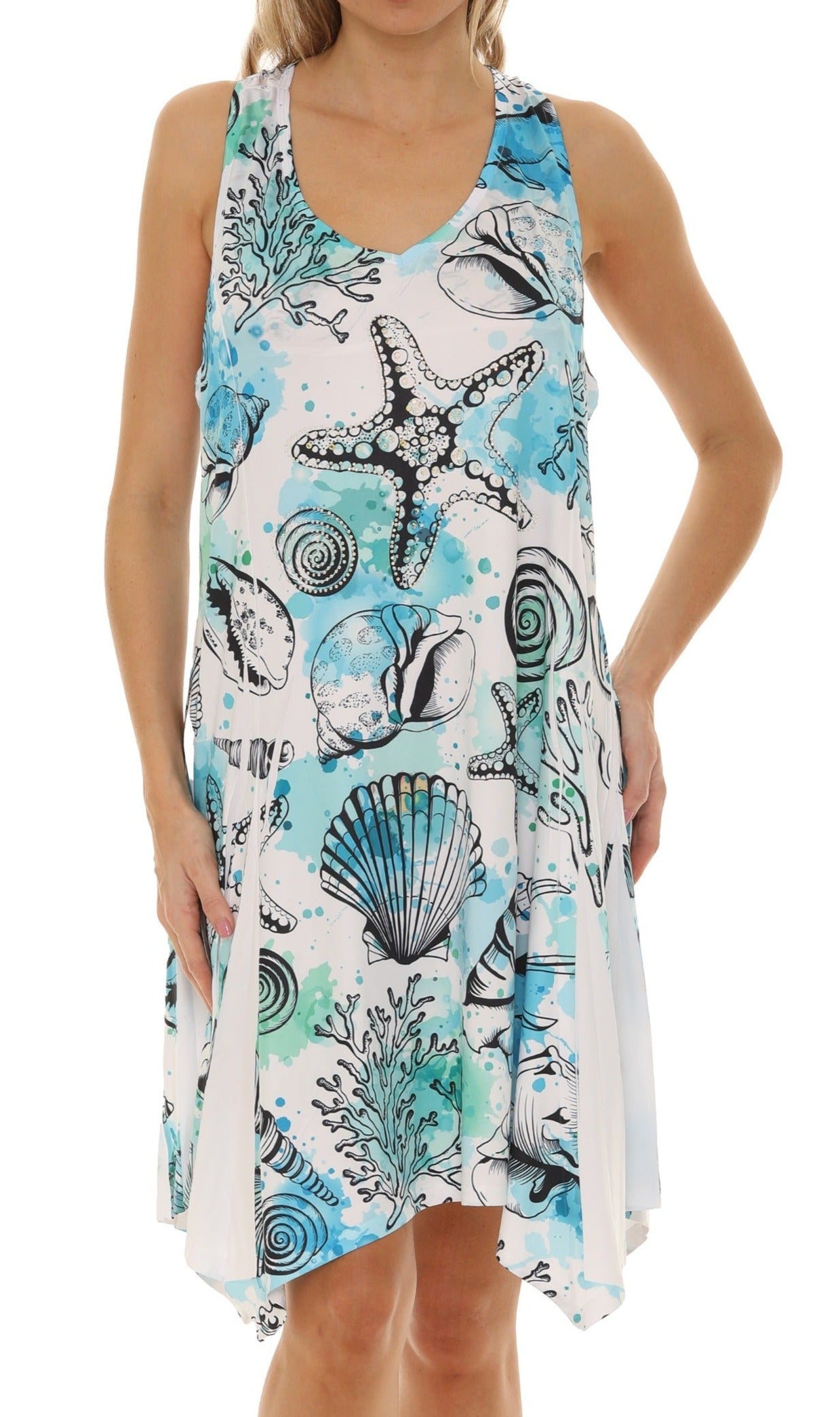 Starfish & Seashell Printed Resort Short Dress S/M / AQUA Starfish & Seashell Printed Resort Short Dress S/M / AQUA