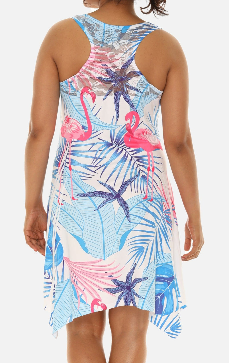Women's Flamingo and Tropical Tree Print Beach Dress L/XL / BLUE Women's Flamingo and Tropical Tree Print Beach Dress L/XL / BLUE
