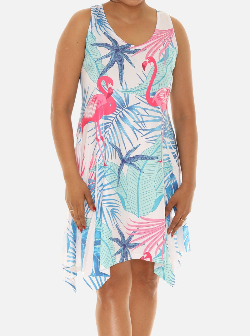 Women's Flamingo and Tropical Tree Print Beach Dress L/XL / BLUE Women's Flamingo and Tropical Tree Print Beach Dress L/XL / BLUE