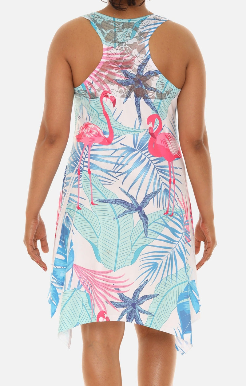 Women's Flamingo and Tropical Tree Print Beach Dress S/M / Blue Women's Flamingo and Tropical Tree Print Beach Dress S/M / Blue