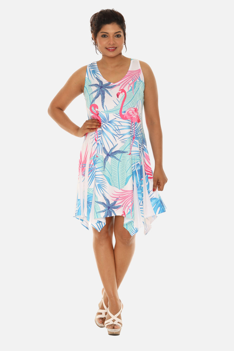 Women's Flamingo and Tropical Tree Print Beach Dress L/XL / BLUE Women's Flamingo and Tropical Tree Print Beach Dress L/XL / BLUE
