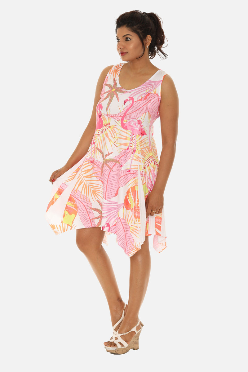 Women's Flamingo and Tropical Tree Print Beach Dress S/M / BLUE Women's Flamingo and Tropical Tree Print Beach Dress S/M / BLUE