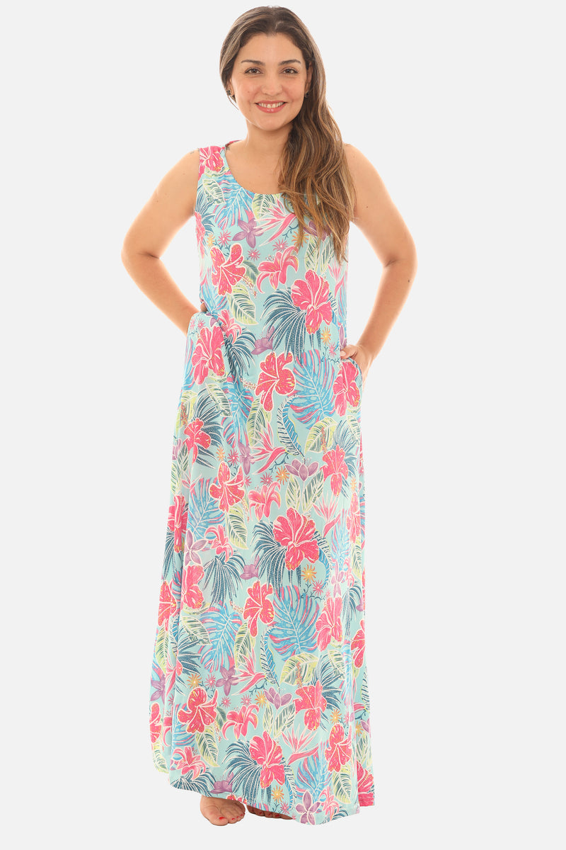 Women’s Tropical Floral Sleeveless Maxi Dress – Hibiscus Print Summer Dress