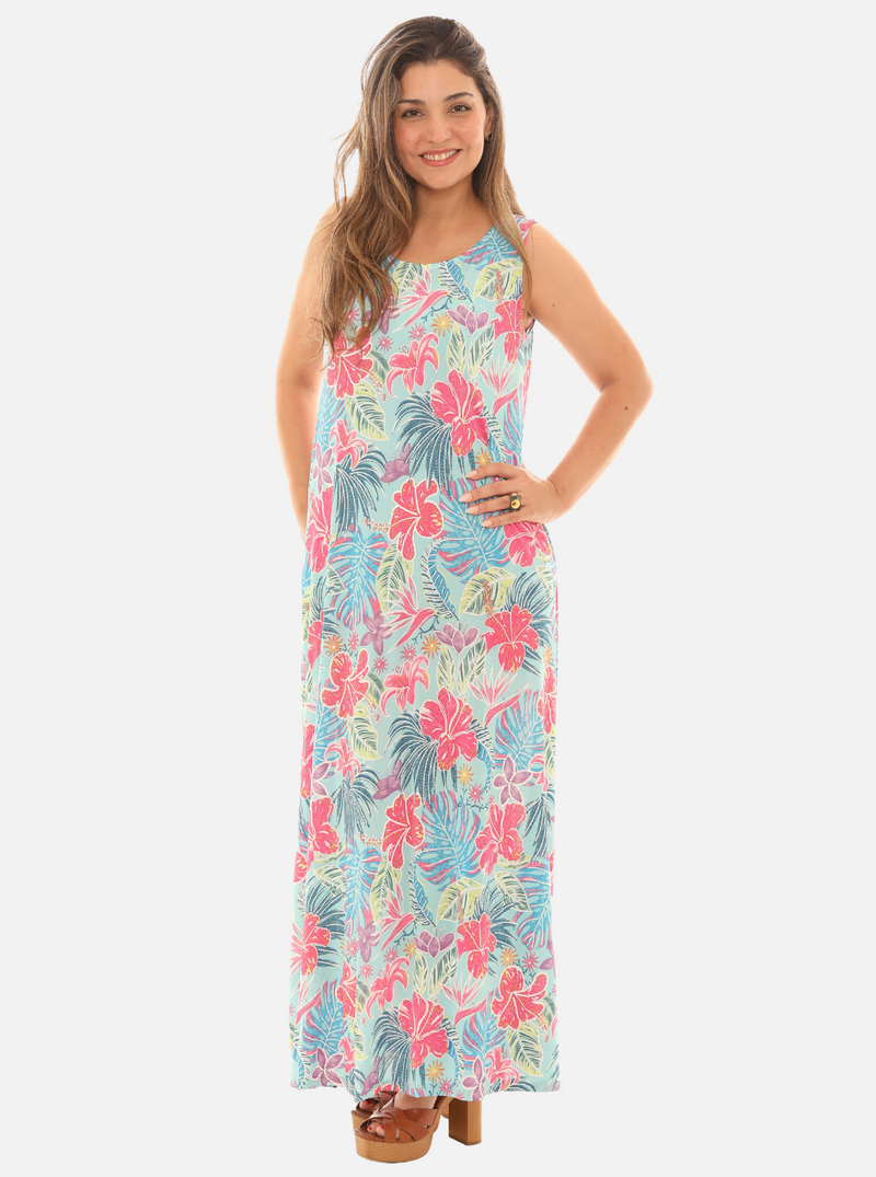 Women’s Tropical Floral Sleeveless Maxi Dress – Hibiscus Print Summer Dress