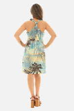 Palm Leaf Gold Foil Print Halter Short Dress – Tropical Summer Style