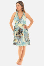 Palm Leaf Gold Foil Print Halter Short Dress – Tropical Summer Style