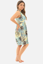 Palm Leaf Gold Foil Print Halter Short Dress – Tropical Summer Style