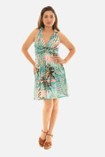 Palm Leaf Gold Foil Print Halter Short Dress – Tropical Summer Style