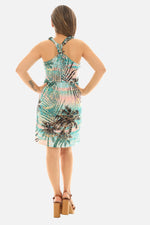 Palm Leaf Gold Foil Print Halter Short Dress – Tropical Summer Style