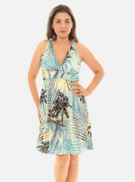Palm Leaf Gold Foil Print Halter Short Dress – Tropical Summer Style