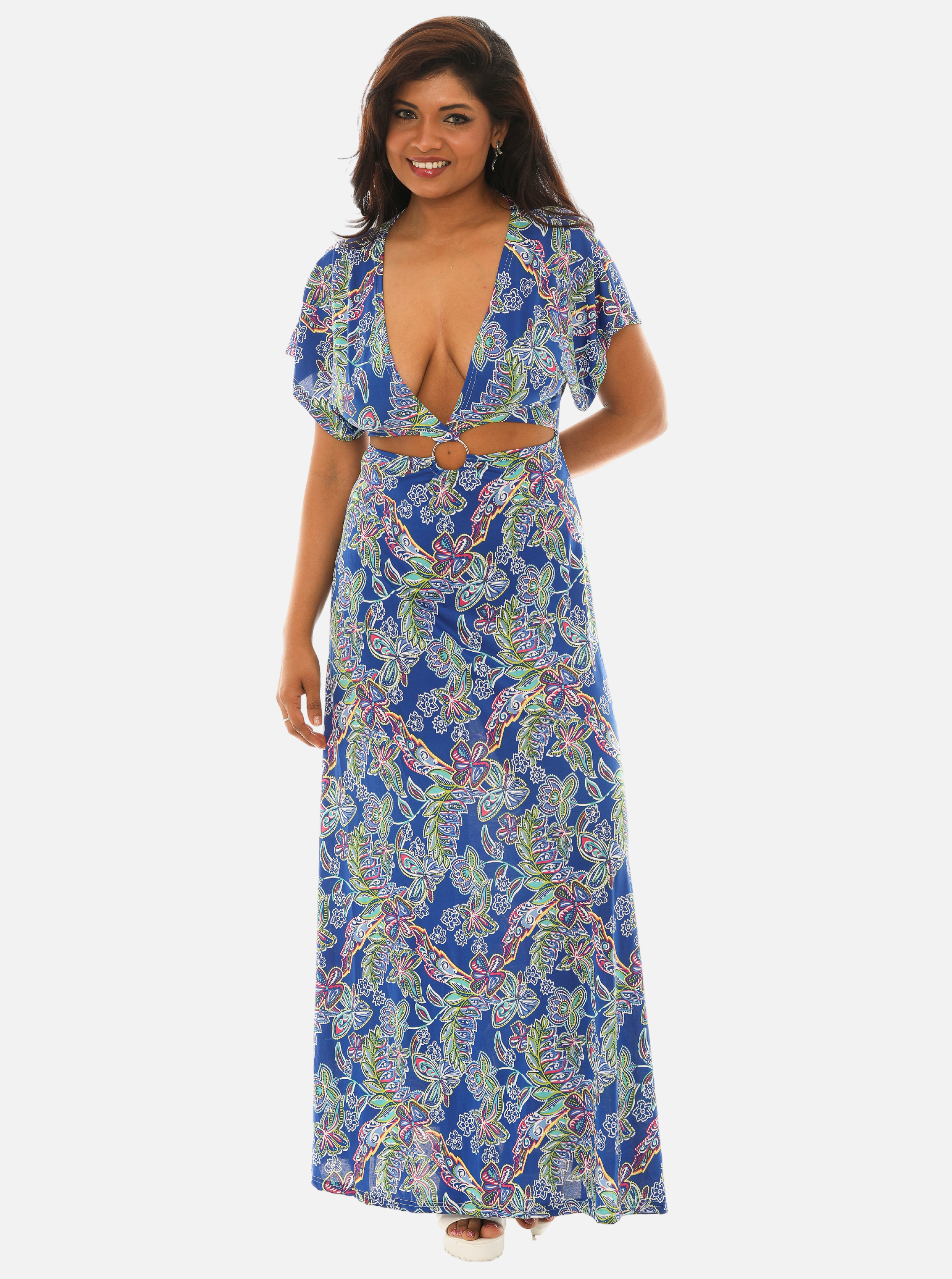 deep v floral maxi dress Neck Side Keyhole Abstract S / BLUE heelH_flat Size(<a href=