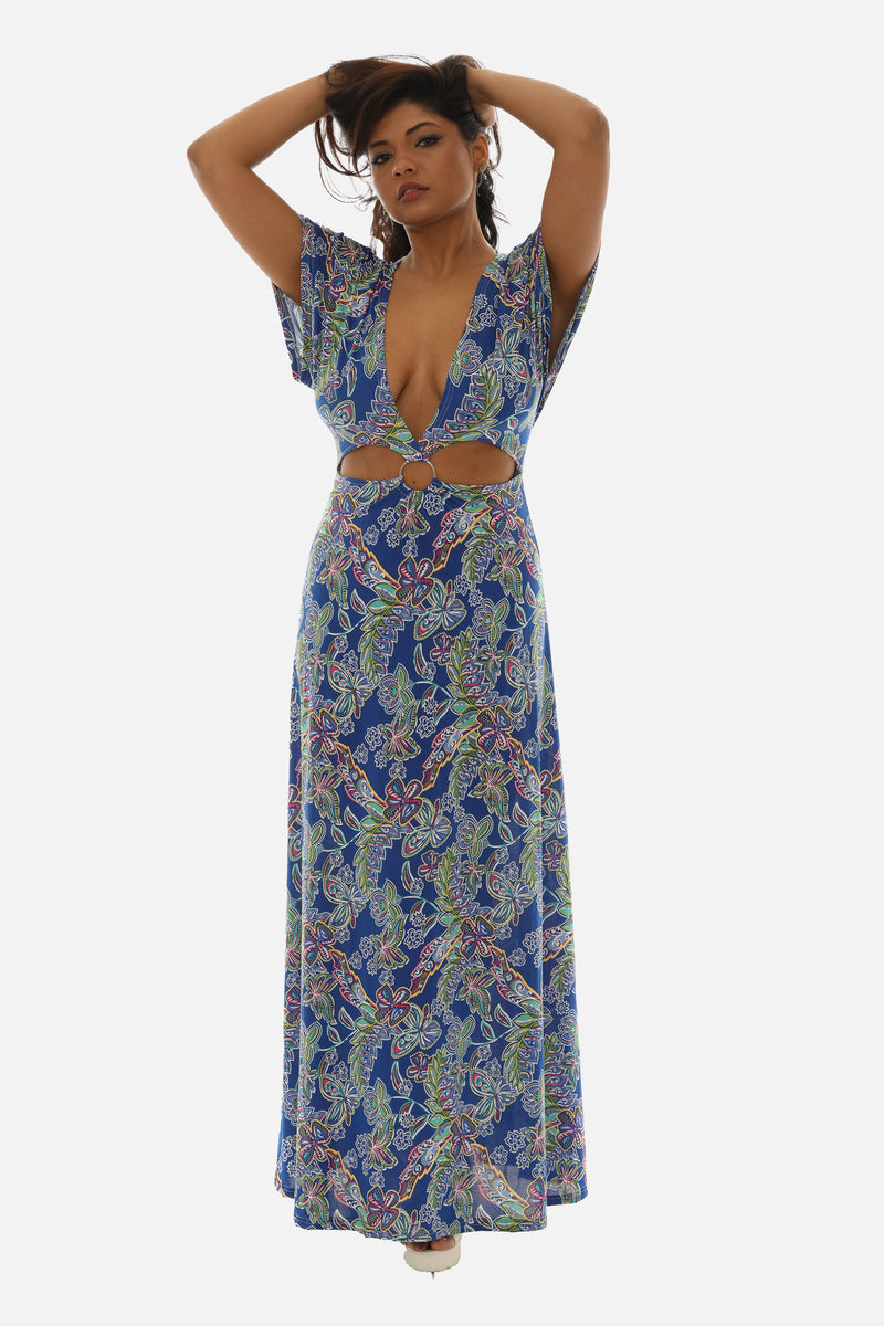 Deep V Neck Side Keyhole Maxi Abstract Floral Dress S / BLUE Deep V Neck Side Keyhole Maxi Abstract Floral Dress S / BLUE
