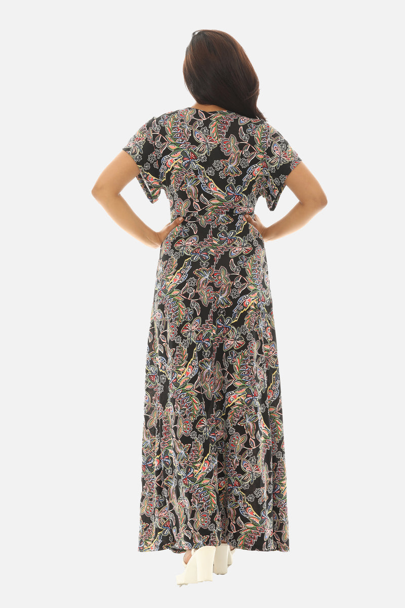 Deep V Neck Side Keyhole Maxi Abstract Floral Dress
