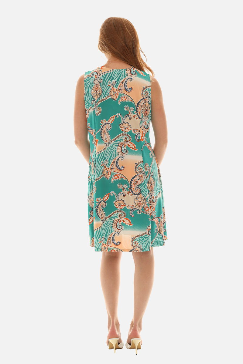 Printed Sleeveless Paisley Dress with Embellished V-Neck