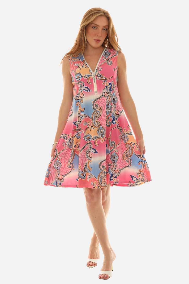 Printed Sleeveless Paisley Dress with Embellished V-Neck