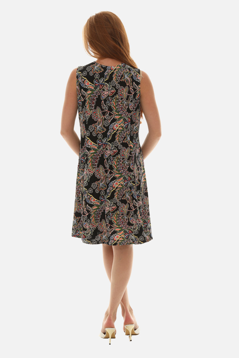 Printed Sleeveless Floral Dress with Embellished V-Neck