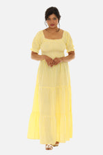Yellow Crinkle Maxi Dress with Short Sleeves