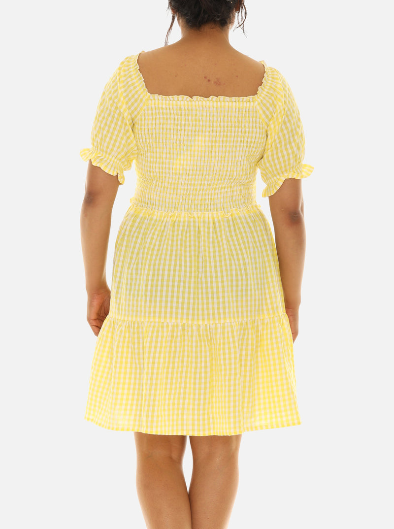 Yellow Crinkle Short Midi Dress with Short Sleeves