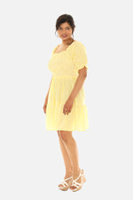 Yellow Crinkle Short Midi Dress with Short Sleeves