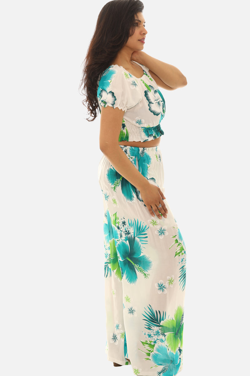 Tropical Floral Print Two-Piece Set – Crop Top & Wide Leg Pants