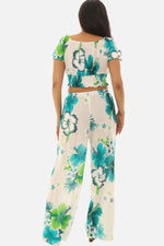 Tropical Floral Print Two-Piece Set – Crop Top & Wide Leg Pants