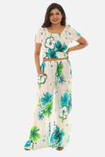 Tropical Floral Print Two-Piece Set – Crop Top & Wide Leg Pants