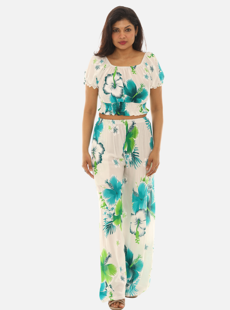 Tropical Floral Print Two-Piece Set – Crop Top & Wide Leg Pants